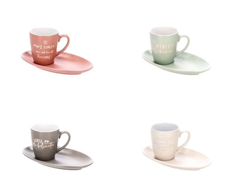 Tazzine caffè grande in ceramica rosa con piattino e scritte | rohome