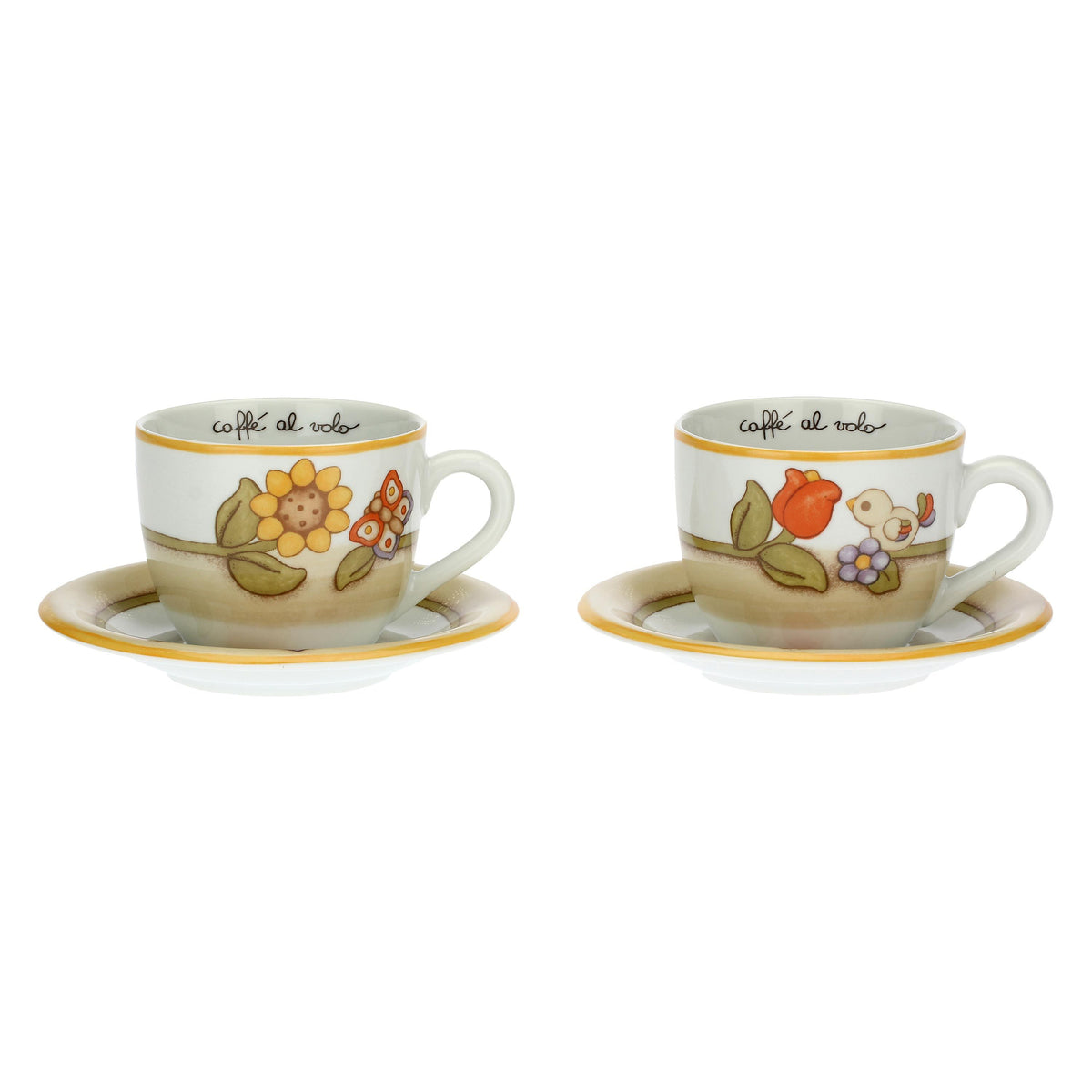 Set 2 tazze Country con fiori, farfalla e uccellino grande | Rohome