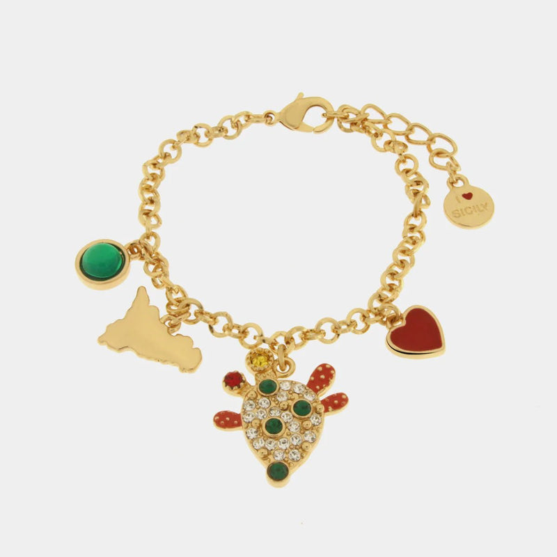 Bracciale in Metallo oro con charm cactus e cristalli | Rohome - Rohome