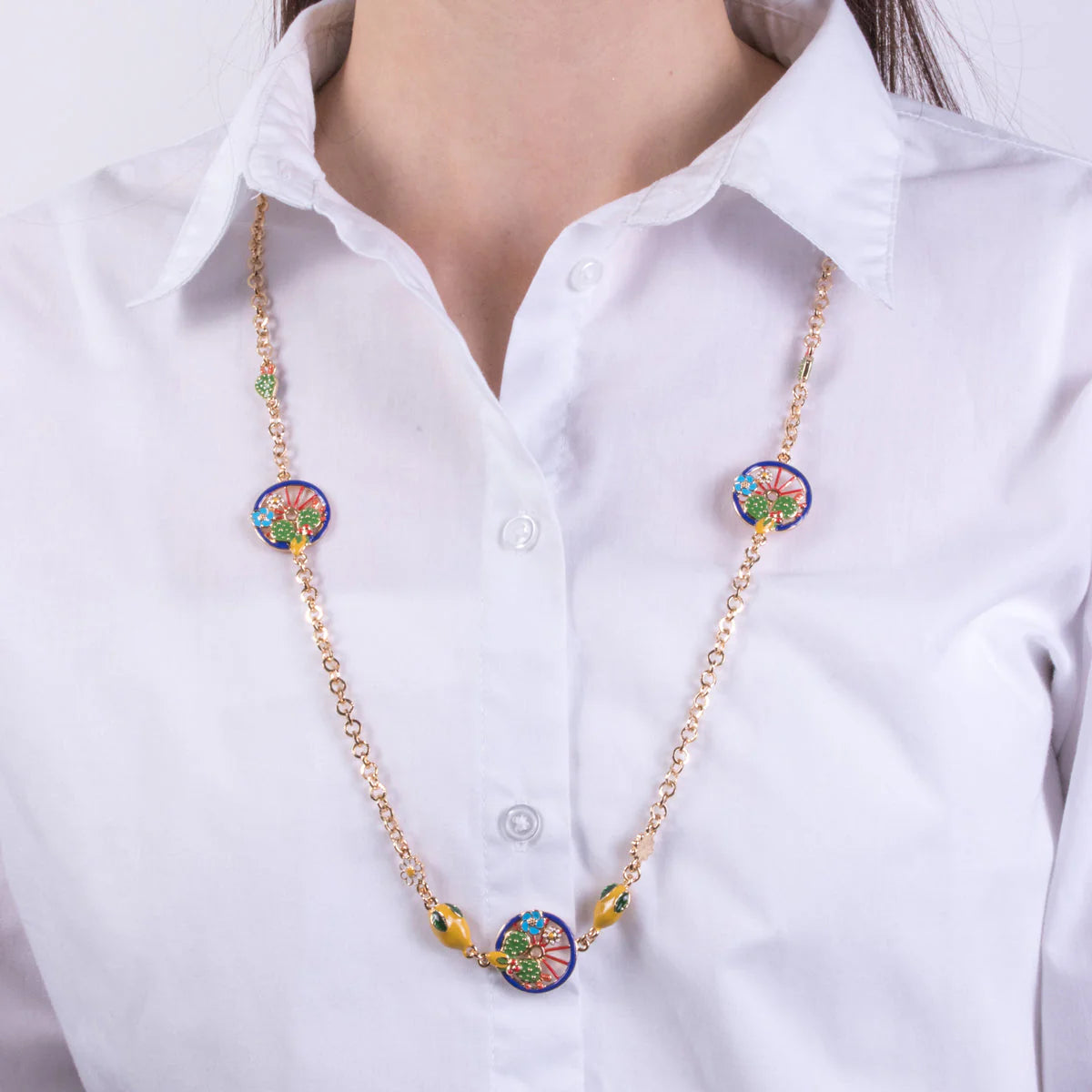 Collana in metallo con ruote siciliane e cactus lunga | Rohome