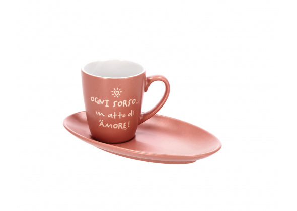 Tazzine caffè grande in ceramica rosa con piattino e scritte | rohome